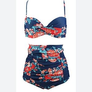 Retro High-Waisted Floral Bikini Set with Adjustable and removable straps